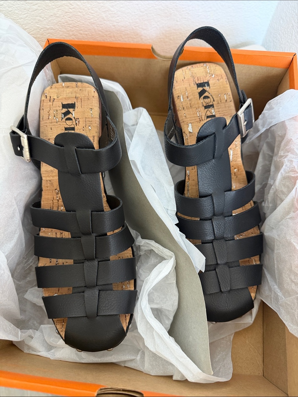 NEW Kork-Ease Black and Tan Whitney Strappy Platforms.